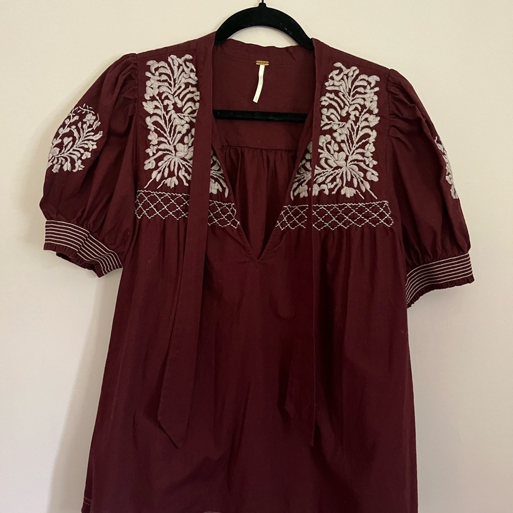 Free People Burgundy Blouse with White Embroidery